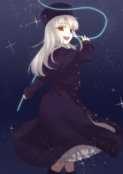Rule 34 | 1girl, :d, black legwear, blurry, blurry background, capelet, coat, coat dress, fate/stay night, fate (series), floating hair, from side, fur hat, hat, highres, illyasviel von einzbern, long hair, looking at viewer, mizuki-kamiya, open mouth, outstretched arm, papakha, purple capelet, purple coat, purple hat, red eyes, silver hair, smile, solo, standing
