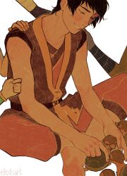 Rule 34 | 1boy, artist name, avatar: the last airbender, avatar legends, bare arms, barefoot, black hair, eledsart, fingernails, hand on another&#039;s shoulder, highres, indian style, male focus, petting, scar, scar across eye, sitting, smile, soles, turtle duck, white background, zuko