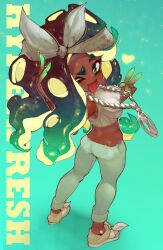 Rule 34 | 1girl, absurdres, ass, black hair, blue pants, bow, bow hairband, breasts, butt crack, colored tips, commentary, dark-skinned female, dark skin, full body, glint, green eyes, green hair, hair bow, hairband, heart, highres, jewelry, long hair, marina (splatoon), medium breasts, mole, mole under mouth, multicolored hair, necklace, nintendo, octoling, one eye closed, onimiere, pants, red pupils, solo, splatoon (series), standing, tentacle hair, thick eyebrows, tongue, tongue out, two-tone hair, v, white bow, white hairband