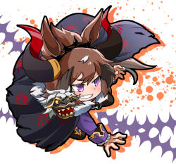 Rule 34 | 1girl, 2-kuchi kama, animal ears, black choker, blush, brown hair, cape, chain, choker, claw pose, drop shadow, grin, hand puppet, horns, horse ears, horse girl, horse tail, long sleeves, looking afar, multicolored hair, puppet, purple eyes, purple skirt, shinko windy (burst out! the demon king&#039;s army of terror) (umamusume), shinko windy (umamusume), short hair, skirt, smile, solo, streaked hair, tail, torn cape, torn clothes, umamusume, v-shaped eyebrows