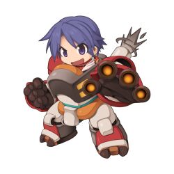 Rule 34 | 1boy, chibi, clenched hand, exoskeleton, full body, looking at viewer, male focus, mechanic (ragnarok online), medium bangs, official art, open mouth, parted bangs, purple eyes, purple hair, ragnarok online, reaching, reaching towards viewer, red shirt, shirt, short hair, simple background, smile, solo, transparent background, v-shaped eyebrows, yuichirou