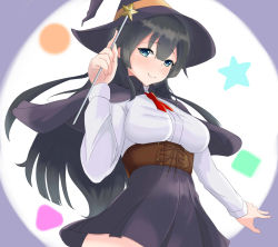 Rule 34 | 1girl, agano (kancolle), black cape, black hair, black skirt, blue eyes, blush, cape, closed mouth, commentary, commentary request, corset, dress shirt, english commentary, hair between eyes, halloween, hat, highres, holding, kakko026, kantai collection, long hair, long sleeves, looking at viewer, necktie, red necktie, shirt, skirt, smile, solo, wand, white shirt, witch hat