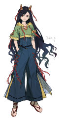 Rule 34 | 1girl, barefoot, black hair, blue pants, closed mouth, full body, green shirt, hands in pockets, high-waist pants, highres, horns, iovebly, long hair, nippaku zanmu, oni horns, pants, red eyes, shirt, short sleeves, simple background, smile, solo, touhou, white background
