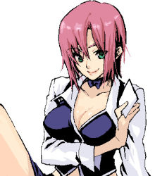 Rule 34 | 1girl, breast hold, breasts squeezed together, breasts, card, croupier, green eyes, holding, holding card, large breasts, lowres, oekaki, rio rollins, solo, super blackjack, yuuryuu nagare