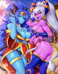 Rule 34 | 2girls, aki (j.raido), ass, bikini, black bikini, black horns, black sclera, blue hair, blue horns, blue skin, borrowed character, breasts, collar, colored sclera, colored skin, commission, ear piercing, feet out of frame, freckles, grey hair, highres, horns, kellzallday, large breasts, long hair, medium breasts, miharu (j.raido), multiple girls, open mouth, original, parted lips, piercing, pointy ears, ponytail, purple skin, red eyes, smile, spiked collar, spikes, swimsuit, twintails, very long hair, yellow eyes