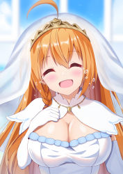 Rule 34 | 1girl, :d, ^ ^, ahoge, blue sky, blurry, blurry background, blush, braid, bridal veil, closed eyes, commentary request, dress, elbow gloves, gloves, hand on own chest, happy tears, highres, long hair, open mouth, orange hair, pecorine (princess connect!), princess connect!, side braid, sky, smile, solo, syurimp, tears, tiara, upper body, veil, very long hair, wedding dress, white dress, white gloves, window