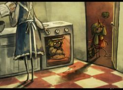 Rule 34 | 3girls, apron, blonde hair, bucket, commentary, cookbook, dial, fire, flandre scarlet, food, green hair, hiding, izayoi sakuya, kisume, kitchen, koto inari, letterboxed, maid apron, mixing bowl, multiple girls, oven, pie, shadow, spoken character, spoken character, touhou, wings