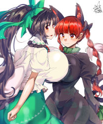 Rule 34 | 2girls, animal ears, black bow, blurry, blurry background, blurry foreground, bow, braid, breast press, breasts, cape, cat ears, chest jewel, depth of field, dress, extra ears, green bow, green dress, green skirt, hair bow, highres, huge breasts, kaenbyou rin, long hair, motion blur, multiple girls, red eyes, red hair, reiuji utsuho, skirt, symmetrical docking, tail, touhou, twin braids, umigarasu (kitsune1963), white cape, wings