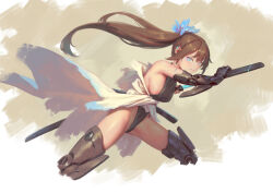 Rule 34 | 1girl, bigrbear, blue eyes, breasts, brown hair, cropped legs, cyborg, holding, holding sword, holding weapon, katana, large breasts, leotard, long hair, looking at viewer, mechanical arms, mechanical legs, original, ponytail, scabbard, sheath, sideboob, single mechanical arm, solo, sword, weapon
