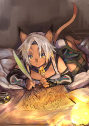 Rule 34 | 00s, 1girl, :o, animal ears, barefoot, bed sheet, blue eyes, book, breasts, cat girl, cleavage, dark, detached collar, doraeshi, drawing, facial mark, final fantasy, final fantasy xi, fingerless gloves, gloves, hairband, highres, inkwell, light, looking at viewer, lying, mithra (ff11), open mouth, parted bangs, pillow, quill, short hair, solo, tail, white hair