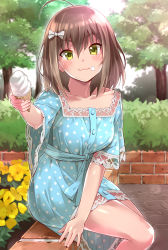 Rule 34 | 1girl, :3, ahoge, bad id, bad pixiv id, blush, bow, brown hair, dress, flower, food, food on face, foreshortening, green eyes, hair bow, ice cream, ice cream on face, incoming food, looking at viewer, original, polka dot, polka dot dress, short hair, sitting, smile, solo, sonsoso, tree