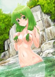 Rule 34 | 1girl, breasts, closed mouth, collarbone, completely nude, cowboy shot, day, dutch angle, green eyes, green hair, hair over breasts, kei jiei, kochiya sanae, long hair, looking at viewer, navel, nude, onsen, outdoors, partially submerged, smile, solo, standing, touhou, tree, water, wet