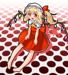 Rule 34 | 1girl, bad id, bad pixiv id, blonde hair, fang, female focus, flandre scarlet, full body, gradient background, hat, mob cap, ponytail, ribbon, sitting, solo, touhou, tsukushi sasa, white background, white hat, wings