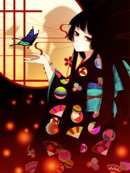 Rule 34 | 1girl, black hair, bug, butterfly, enma ai, hime cut, insect, itsmefool, japanese clothes, jigoku shoujo, kimono, long hair, red eyes, solo