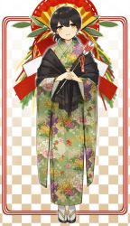 Rule 34 | 1girl, alternate costume, arrow (projectile), blue ribbon, brown eyes, brown hair, checkered background, folded ponytail, full body, furisode, green kimono, hair ribbon, highres, holding, holding arrow, japanese clothes, kantai collection, kasuga maru (kancolle), kimono, long hair, looking at viewer, new year, own hands together, ribbon, solo, tabi, tareme, yamashichi (mtseven)