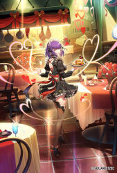 Rule 34 | 1girl, ankle bow, ankle ribbon, back bow, black dress, black footwear, black ribbon, bow, brown eyes, brown thighhighs, dress, floating hair, full body, grin, hair ribbon, heart, high heels, highres, holding, holding plate, indoors, long sleeves, looking at viewer, maid headdress, medium hair, open mouth, plate, purple hair, ribbon, romancing saga re;universe, short dress, smile, solo, sparkle, standing, table, tef, thighhighs, zettai ryouiki