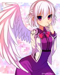 Rule 34 | 1girl, arm behind back, beige jacket, blush, bob cut, bow, bowtie, closed mouth, collared dress, dress, kishin sagume, long sleeves, looking at viewer, marota, mosaic background, purple dress, red bow, red bowtie, red eyes, short hair, single wing, solo, touhou, white hair, white wings, wings