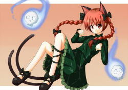 Rule 34 | 1girl, animal ears, baram, braid, cat ears, cat girl, cat tail, female focus, ghost, gradient background, hair ribbon, kaenbyou rin, multiple tails, red eyes, red hair, ribbon, skull, solo, tail, touhou, twintails