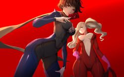 Rule 34 | 2girls, blonde hair, blue eyes, bodysuit, braid, breasts, brown hair, calling card, catsuit, cross-laced clothes, crown braid, full-length zipper, gloves, hair ornament, hairclip, hand on own hip, highres, laces, long hair, medium breasts, multiple girls, niijima makoto, no mask, persona, persona 5, pink gloves, red background, red eyes, scarf, short hair, shoulder spikes, smile, spikes, takamaki anne, tenshin kagehisa, twintails, unzipped, whip, zipper