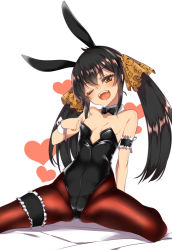 Rule 34 | 1girl, animal ears, animal print, armband, bare shoulders, black hair, bow, bowtie, breasts, commentary request, detached collar, fake animal ears, frilled armband, frills, gokubuto mayuge, heart, idolmaster, idolmaster cinderella girls, leopard print, leotard, long hair, matoba risa, one eye closed, open mouth, pantyhose, playboy bunny, print ribbon, rabbit ears, ribbon, simple background, small breasts, solo, strapless, strapless leotard, thigh strap, twintails, wrist cuffs