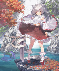 Rule 34 | 2girls, animal ears, autumn leaves, backpack, bag, bent over, black skirt, blue dress, blue hair, closed mouth, clothes lift, day, detached sleeves, dress, frilled skirt, frills, full body, geta, green hat, grey hair, hair bobbles, hair ornament, hat, highres, holding, holding sword, holding weapon, inubashiri momiji, kawashiro nitori, leaf print, looking at viewer, maple leaf print, medium dress, midriff peek, multiple girls, naox, outdoors, pom pom (clothes), print skirt, red eyes, red footwear, red skirt, ribbon-trimmed sleeves, ribbon trim, rock, shirt, short hair, skirt, skirt lift, sleeveless, sleeveless shirt, smile, socks, standing, sword, tabi, tail, tengu-geta, touhou, tree, turtleneck, twintails, two-tone skirt, water, waterfall, weapon, white shirt, white sleeves, white socks, wind, wind lift, wolf ears, wolf girl, wolf tail