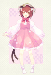 Rule 34 | 1girl, :d, absurdres, animal ear fluff, animal ears, bow, bowtie, brown eyes, brown hair, cat ears, cat tail, chen, dress, earrings, full body, green hat, hair between eyes, hat, highres, jewelry, juliet sleeves, long sleeves, looking at viewer, mob cap, multiple tails, nekomata, one-hour drawing challenge, open mouth, pink dress, puffy long sleeves, puffy sleeves, red bow, red bowtie, shinketsu kanyu, short hair, simple background, single earring, sleeves past fingers, sleeves past wrists, slit pupils, smile, socks, solo, standing, tail, touhou, two tails, white background, white socks