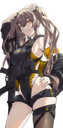 Rule 34 | 1girl, absurdres, arm up, armband, brown hair, chest harness, competition swimsuit, cowboy shot, fujita (condor), girls&#039; frontline, gun, h&amp;k ump, h&amp;k ump, hand on own hip, harness, highres, jacket, off shoulder, one-piece swimsuit, scar, scar across eye, scar on face, short shorts, shorts, simple background, single thighhigh, standing, submachine gun, swimsuit, thigh strap, thighhighs, twintails, two-tone swimsuit, ump9 (girls&#039; frontline), unzipped, weapon, white background