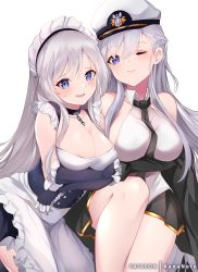 Rule 34 | 2girls, apron, areola slip, azur lane, b b b b66, bare legs, belfast (azur lane), belfast (azur lane) (cosplay), black coat, blue eyes, braid, breasts, broken, broken chain, chain, cleavage, coat, collar, commentary, cosplay, costume switch, english commentary, enterprise (azur lane), enterprise (azur lane) (cosplay), french braid, frilled apron, frills, grey hair, hat, large breasts, long hair, maid, maid apron, maid headdress, military hat, mujinbensin, multiple girls, one eye closed, open clothes, open coat, patreon logo, patreon username, peaked cap, pleated skirt, purple eyes, shirt, skirt, sleeveless, sleeveless shirt, smile, white apron, white background, white headwear, yuri