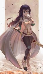 Rule 34 | 1girl, black hair, blue eyes, boots, border, breasts, cape, commentary, gloves, hair between eyes, highres, holding, holding mask, izawa shizue, leggings, long hair, mask, medium breasts, outside border, solo, standing, standing on one leg, sword, tensei shitara slime datta ken, tunguu, weapon, weapon on back, white border, white cape, white footwear, white gloves, wide-eyed