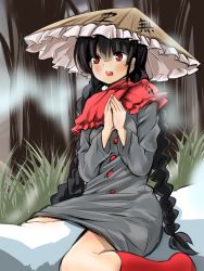Rule 34 | 1girl, ajirogasa, anoira ni, black hair, braid, brown hat, buttons, capelet, clothes writing, dress, feet out of frame, frilled hat, frills, grass, grey dress, hat, jizou, long hair, open mouth, outdoors, own hands together, palms together, red eyes, red legwear, ribbon, single strap, snow, teeth, touhou, twin braids, upper teeth only, very long hair, yatadera narumi