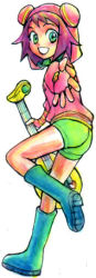 Rule 34 | 00s, 1014, 1girl, ass, boots, capcom, electric guitar, fingerless gloves, gloves, green eyes, guitar, hat, sonia strumm (mega man), instrument, looking at viewer, lowres, outstretched hand, purple hair, mega man (series), rubber boots, mega man star force, short hair, shorts, smile, solo