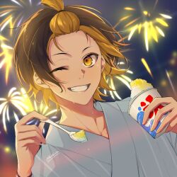 Rule 34 | 1boy, bachira meguru, black hair, blonde hair, blue kimono, blue lock, colored inner hair, cup, fireworks, food, grin, holding, holding cup, holding spoon, japanese clothes, kimono, male focus, multicolored hair, night, one eye closed, outdoors, shaved ice, short hair, smile, solo, spoon, teeth, topknot, tsukky, twitter username, two-tone hair, upper body, yellow eyes