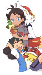 Rule 34 | 2boys, ash ketchum, blue eyes, blue vest, blush stickers, cinderace, closed mouth, commentary request, creatures (company), game freak, gen 1 pokemon, gen 4 pokemon, gen 8 pokemon, goh (pokemon), grey footwear, grey shirt, grookey, hat, highres, holding, holding phone, looking down, male focus, multiple boys, nintendo, open clothes, open vest, pants, phone, pikachu, pokemon, pokemon (anime), pokemon (creature), pokemon journeys, pokesumomo, red hat, red socks, rotom, rotom phone, shirt, shoes, short sleeves, shorts, socks, t-shirt, vest, white background, white shirt