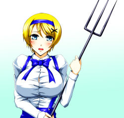 Rule 34 | 00s, 1girl, axis powers hetalia, bad id, bad pixiv id, blonde hair, blue eyes, blue hairband, blush, breasts, female focus, gradient background, hair ornament, hairband, highres, holding, holding pitchfork, iwamoto eiri, large breasts, open mouth, pitchfork, short hair, solo, ukraine (hetalia), x hair ornament
