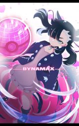 Rule 34 | 1girl, arm at side, asymmetrical bangs, black choker, black hair, black jacket, choker, clenched hand, closed mouth, commentary, creatures (company), dress, dynamax ball, earrings, eyelashes, from above, game freak, hair over one eye, hair ribbon, highres, holding, holding poke ball, jacket, jewelry, long sleeves, marnie (pokemon), nintendo, open clothes, pink dress, poke ball, pokemon, pokemon swsh, ribbon, solo, umiru