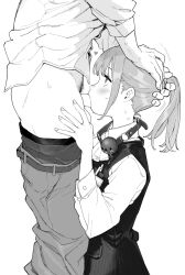 Rule 34 | 1boy, 1girl, ball gag, clothes pull, fellatio, gag, greyscale, hand on another&#039;s head, hetero, highres, mamechichi20, monochrome, oral, original, pants, pants pull, ponytail, shirt, striped clothes, striped vest, vest