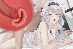 Rule 34 | 1boy, 1girl, bare shoulders, blue archive, blush, boy on top, breasts, completely nude, cross-section, deep penetration, flower, hair flower, hair ornament, hairband, half-closed eyes, halo, hetero, highres, himari (blue archive), long hair, looking at viewer, lying, mole, mole under eye, nude, on stomach, open mouth, penis, pointy ears, prone bone, sex, sex from behind, shengtian, small breasts, uterus, vaginal, white hair