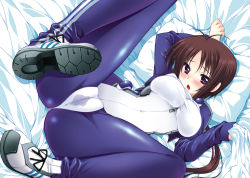 Rule 34 | 1girl, antenna hair, araiguma, bed sheet, blush, bodysuit, breasts, brown hair, cameltoe, covered navel, kyoukaisenjou no horizon, long hair, looking at viewer, lying, on back, open mouth, oriotorai makiko, pillow, purple eyes, pussy juice, pussy juice stain, sheet grab, shoes, skin tight, sneakers, solo, spread legs, thick thighs, thighs, wet, wet clothes