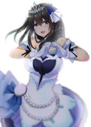 Rule 34 | 10s, 1girl, black hair, blue eyes, blurry, blush, breasts, depth of field, dress, gloves, hairband, heart, heart hands, huge breasts, idolmaster, idolmaster cinderella girls, idolmaster cinderella girls starlight stage, jewelry, jpeg artifacts, long hair, looking at viewer, murasame nohito, open mouth, sagisawa fumika, simple background, smile, solo, tiara
