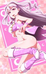 Rule 34 | 1girl, ass, bare shoulders, boots, bottomless, breasts, clearite, hairband, high heels, highres, idolmaster, idolmaster (classic), long hair, looking back, pink eyes, purple eyes, shijou takane, shoes, solo, underboob