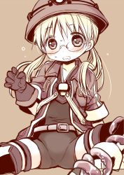 Rule 34 | 1girl, belt, blush, boots, brown background, d:, flying sweatdrops, glasses, gloves, hat, jacket, long hair, made in abyss, monochrome, open mouth, parted lips, restrained, riko (made in abyss), sakurazawa izumi, semi-rimless eyewear, sepia, shirt, shorts, simple background, sitting, solo, tentacles, twintails, under-rim eyewear, wavy mouth, whistle