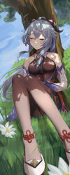 Rule 34 | 1girl, absurdres, ahoge, bare shoulders, bell, blue hair, breasts, closed eyes, closed mouth, detached sleeves, falling leaves, floating hair, flower, foot out of frame, ganyu (genshin impact), genshin impact, goat horns, grass, highres, horns, knees up, leaf, long hair, lucy (rusi-juren328), medium breasts, neck bell, outdoors, sidelocks, sitting, sleeping, smile, solo, tree, very long hair, wavy hair