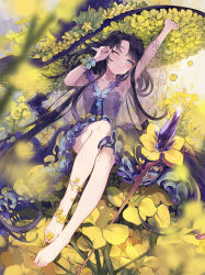 Rule 34 | 1girl, arm up, bare legs, barefoot, black hair, blue dress, blue eyes, blurry, blush, bug, butterfly, closed mouth, crystal, day, depth of field, dress, feet, field, flower, flower field, full body, hand up, hat, highres, insect, kieta, long hair, looking at viewer, one eye closed, outdoors, pointy ears, see-through, shadowverse, sitting, smile, solo, stretching, toes, very long hair, witch hat
