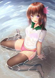 Rule 34 | 1girl, arm support, black thighhighs, bra, brown hair, hair ornament, highres, kantai collection, kisaragi (kancolle), long hair, open mouth, panties, pink bra, pink panties, purple eyes, see-through, shirt, short sleeves, sitting, solo, takamichis211, thighhighs, underwear, wariza, water, wet, wet clothes, wet hair, wet shirt, white shirt