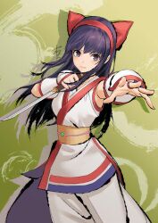 Rule 34 | 1girl, ainu clothes, armpits, breasts, clenched hand, fighting stance, fingerless gloves, gloves, hair ribbon, highres, legs, long hair, looking at viewer, medium breasts, nakoruru, outstretched arm, pants, purple eyes, purple hair, ribbon, samurai spirits, serious, snk, solo, the king of fighters, the king of fighters xv, thighs, weapon