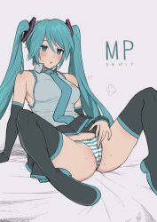 Rule 34 | 1girl, absurdres, aqua eyes, aqua hair, aqua nails, ass, blush, boots, breasts, cameltoe, cleft of venus, detached sleeves, female masturbation, hatsune miku, highres, keiichi r18, long hair, masturbation, masturbation through clothes, medium breasts, necktie, open mouth, panties, pleated skirt, sitting, skirt, solo, spread legs, striped clothes, striped panties, sweat, swimsuit, thigh boots, thighs, twintails, underwear, vocaloid