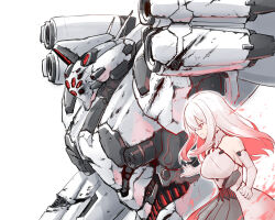 Rule 34 | 1girl, armored core, armored core 6, ayre (armored core 6), bare shoulders, battle damage, breasts, bullet hole, commentary request, dress, elbow gloves, gloves, gradient hair, hair between eyes, highres, large breasts, long hair, maxilax, mecha, multicolored hair, personification, pink dress, pink hair, red eyes, red hair, robot, science fiction, sideboob, simple background, sweatdrop, thrusters, white background, white hair