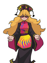 Rule 34 | 1girl, black dress, breasts, bright pupils, closed mouth, commentary, dress, eddybird55555, english commentary, headdress, highres, junko (touhou), long hair, long sleeves, looking at viewer, medium breasts, orange hair, red eyes, simple background, smile, solo, standing, tabard, touhou, vanripper (style), white background, white pupils, wide sleeves