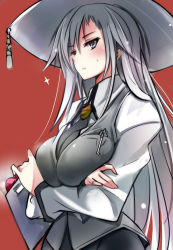 Rule 34 | 1girl, black necktie, black skirt, breasts, clipboard, collared shirt, cowboy shot, crossed arms, grey eyes, hat, holding, large breasts, long hair, long sleeves, looking at viewer, mutou kurihito, necktie, pencil skirt, shirt, silver hair, skirt, solo, very long hair, vest, white shirt, witch hat