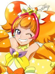 Rule 34 | 1girl, ;), amanogawa kirara, armpits, arms behind head, bare shoulders, choker, cure twinkle, earrings, florence temporary, gloves, go! princess precure, gradient background, jewelry, long hair, magical girl, multicolored hair, one eye closed, orange hair, precure, purple eyes, red hair, smile, solo, star (symbol), star earrings, twintails, two-tone hair, white gloves